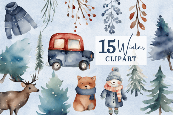 15 Watercolor Blue Winter Clipart