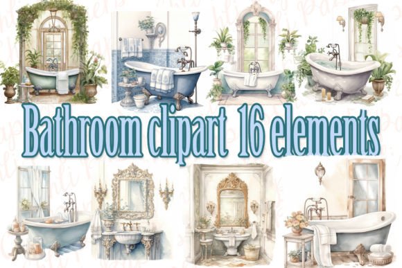 Bathroom Watercolor Clipart & Bathtub PNG