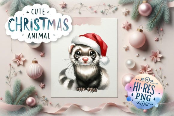 Christmas Ferret Watercolor Clipart