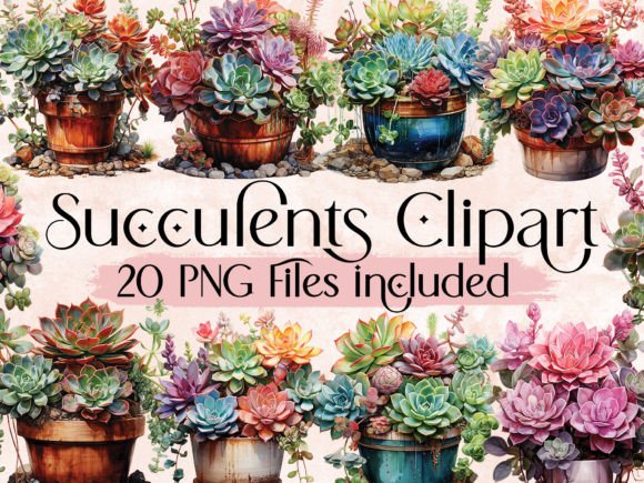 Watercolor Potted Succulents Clipart PNG